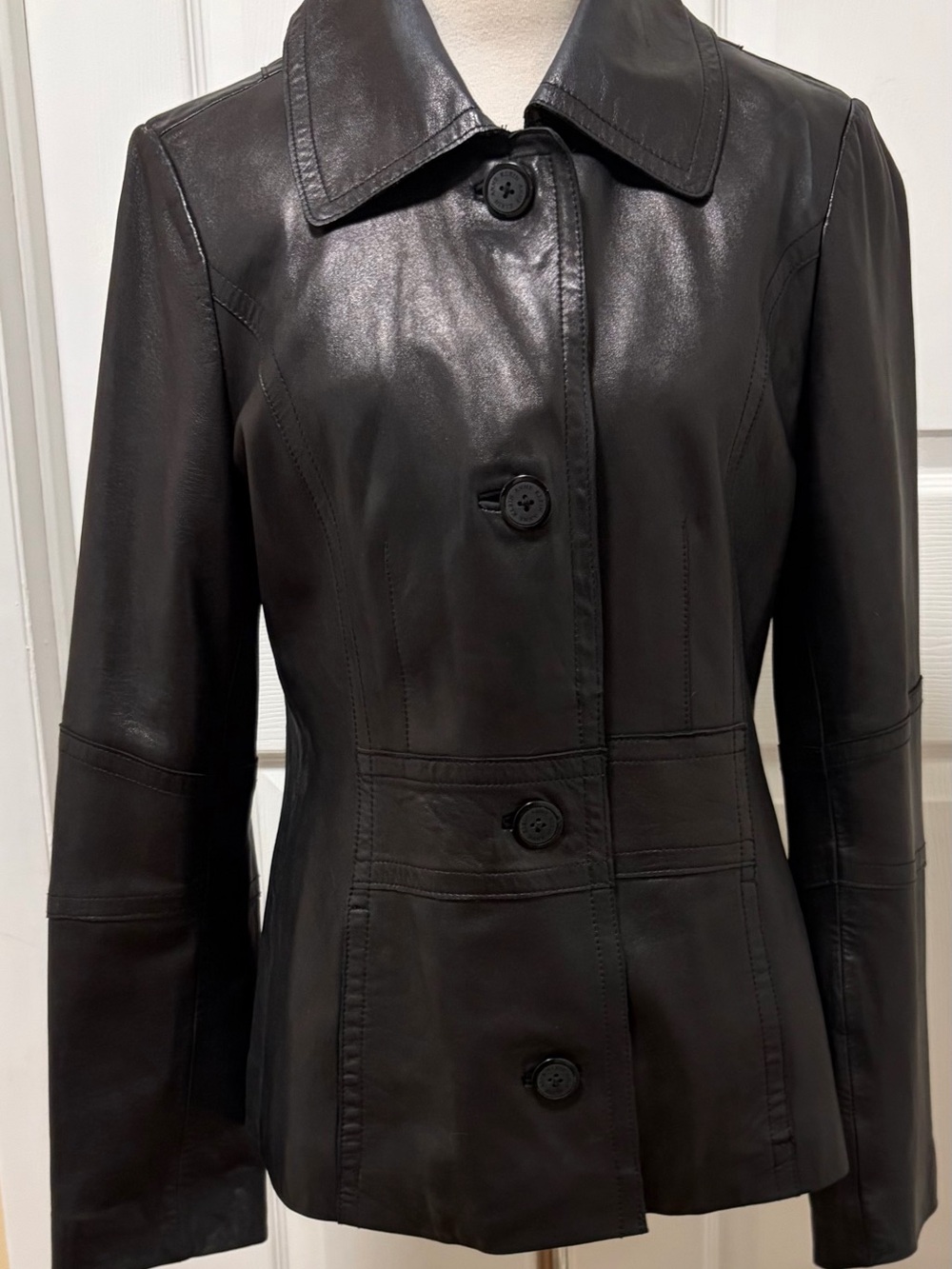 Anne Klein Black Leather Button-Front Jacket